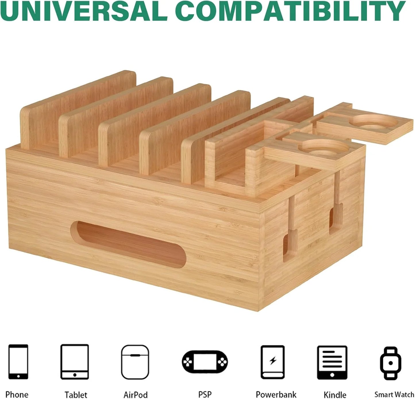 Bamboo Charging Stations for Multi Devices, Wood Desktop Docking Station Charger Organizer for Cell Phones, Tablets, Earphones, Watch (Includes 6 Charging Cables) (No Power Supply)