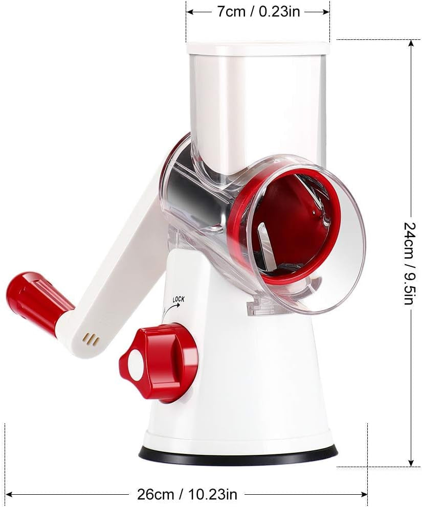 Rotary Cheese Grater Hand Crank, Kitchen Shredder Speed Mandolin Slicer Nuts Grinder with Handle and Drum Blades for Cheese, Vegetable, Chocolate, Potato, Carrot, 3 Blades, White Red