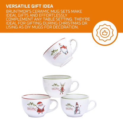 24 Oz Porcleian Ceramic Jumbo Coffee Mug Set of 4, Oversized Coffee Mugs in White Christmas Theme, Ideal for Coffee, Soup Mugs with Handles and Lids Microwave Safe, Birthday and Wedding Gifts