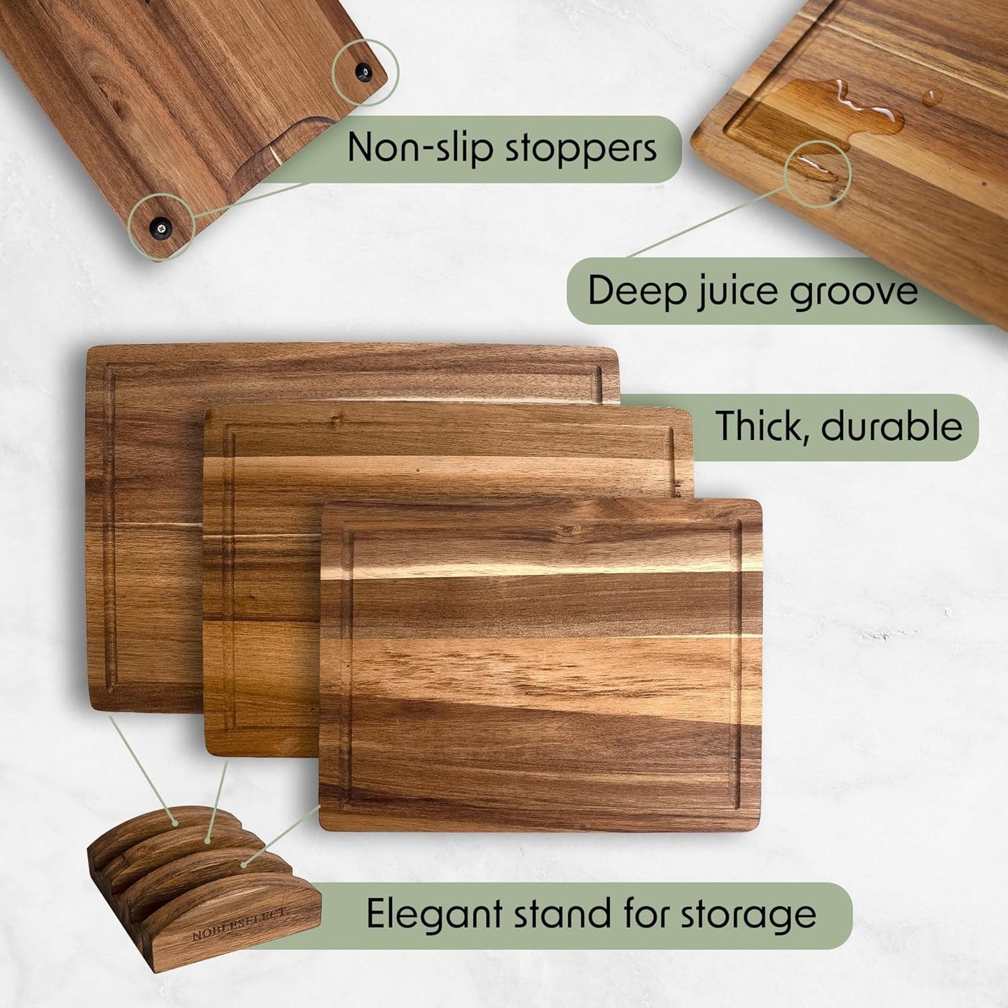 Acacia Wood Cutting Board Set of 3 | Non-Toxic Cutting Boards with Wooden Holder, Non-Slip Silicone Pads, Deep Juice Grooves & Handles | Ideal for Meat, Veggies & Charcuterie – Elegant Kitchen Gift