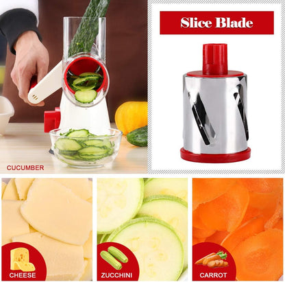 Rotary Cheese Grater Hand Crank, Kitchen Shredder Speed Mandolin Slicer Nuts Grinder with Handle and Drum Blades for Cheese, Vegetable, Chocolate, Potato, Carrot, 3 Blades, White Red