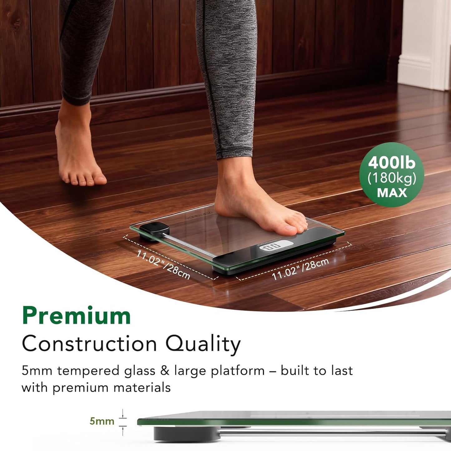 Scale for Body Weight, Accurate Bathroom Scales, Digital Weighing Machine for People, 400Lb Capacity, LCD Display, Step-On Technology, Tempered Glass, Measuring Tape Included