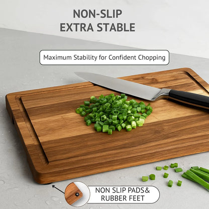 Acacia Wood Cutting Board Set of 3 | Non-Toxic Cutting Boards with Wooden Holder, Non-Slip Silicone Pads, Deep Juice Grooves & Handles | Ideal for Meat, Veggies & Charcuterie – Elegant Kitchen Gift