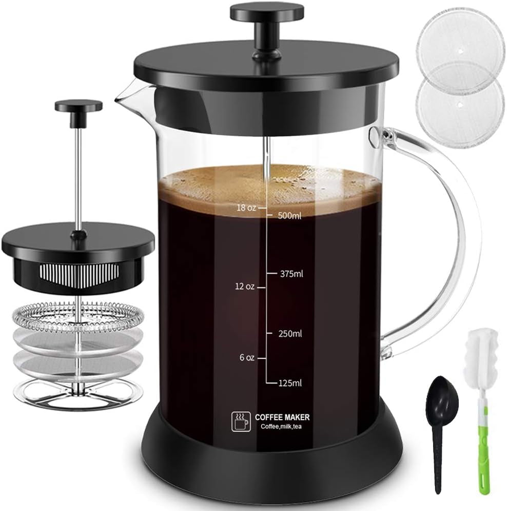 Glass French Press Coffee Maker with 4 Filter, 20Oz French Coffee Press with Glass Handle and Non-Slip Silicone Base Precise Scale, Easy to Clean, Durable Heat Resistant