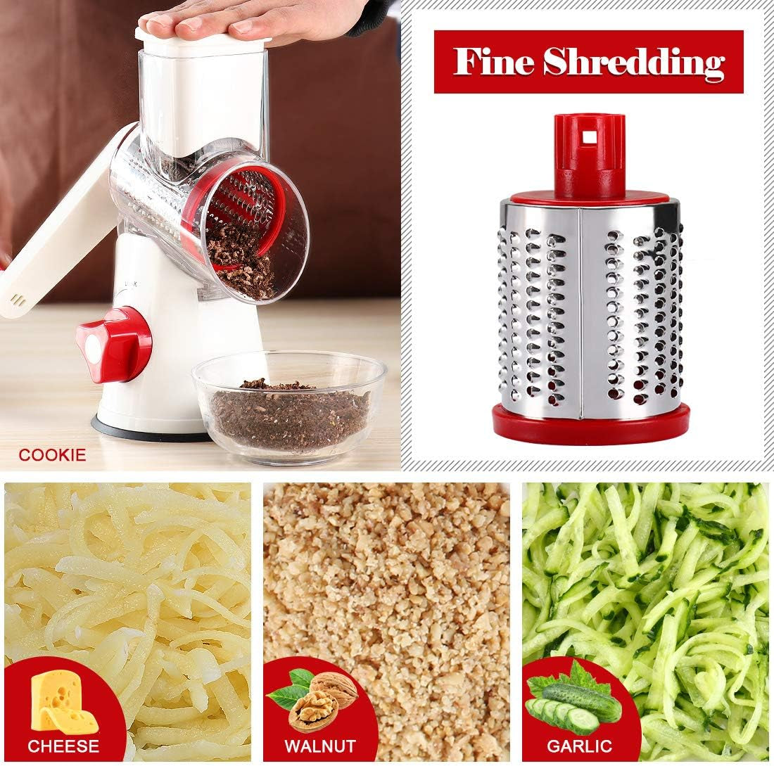 Rotary Cheese Grater Hand Crank, Kitchen Shredder Speed Mandolin Slicer Nuts Grinder with Handle and Drum Blades for Cheese, Vegetable, Chocolate, Potato, Carrot, 3 Blades, White Red