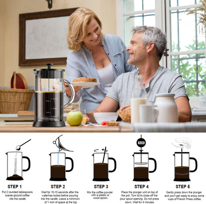 Glass French Press Coffee Maker with 4 Filter, 20Oz French Coffee Press with Glass Handle and Non-Slip Silicone Base Precise Scale, Easy to Clean, Durable Heat Resistant