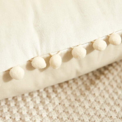 Decorative Throw Pillow Covers with Pom Poms, Pack of 2 Soft Particles Velvet Pillow Cases Square Cushion Covers for Couch Bedroom Car Sofa Outdoors 18X18 Cream White