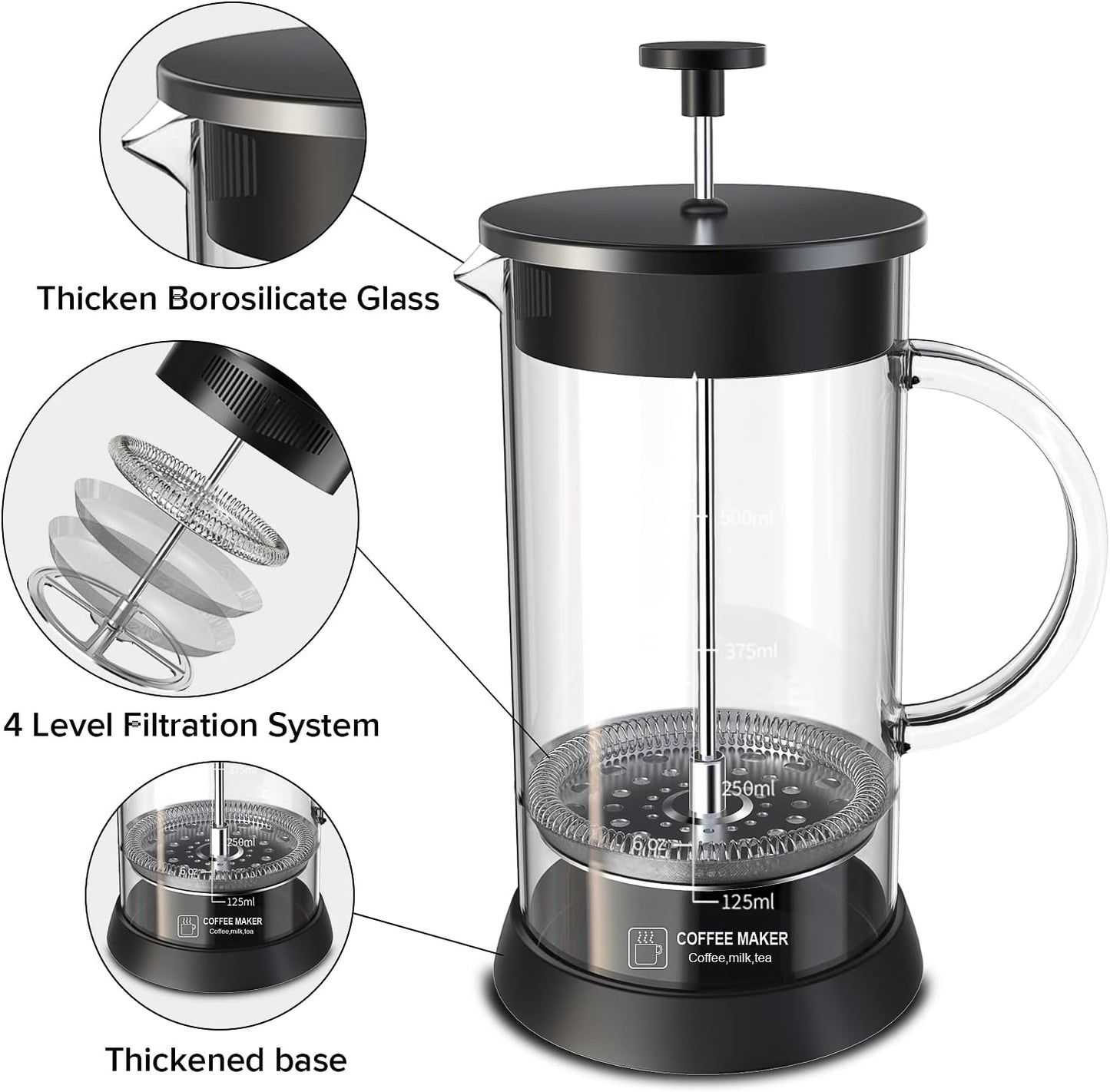 Glass French Press Coffee Maker with 4 Filter, 20Oz French Coffee Press with Glass Handle and Non-Slip Silicone Base Precise Scale, Easy to Clean, Durable Heat Resistant