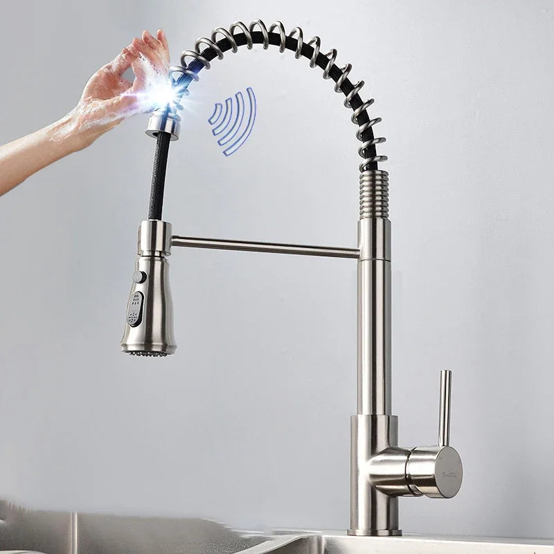 Brushed Kitchen Faucet  Smart Touch Kitchen Faucets Pull Out Kitchen Mixer Tap 304 Stainless Steel Sensor Kitchen Faucets