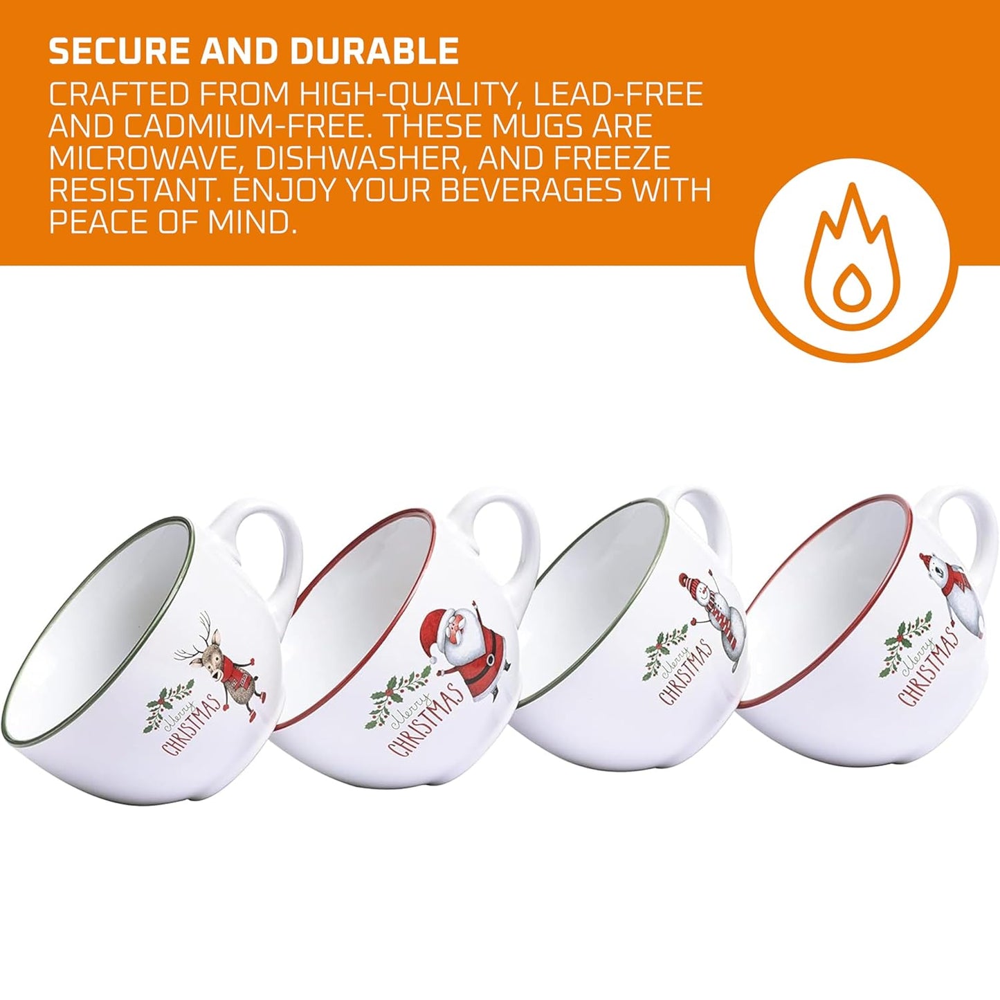 24 Oz Porcleian Ceramic Jumbo Coffee Mug Set of 4, Oversized Coffee Mugs in White Christmas Theme, Ideal for Coffee, Soup Mugs with Handles and Lids Microwave Safe, Birthday and Wedding Gifts