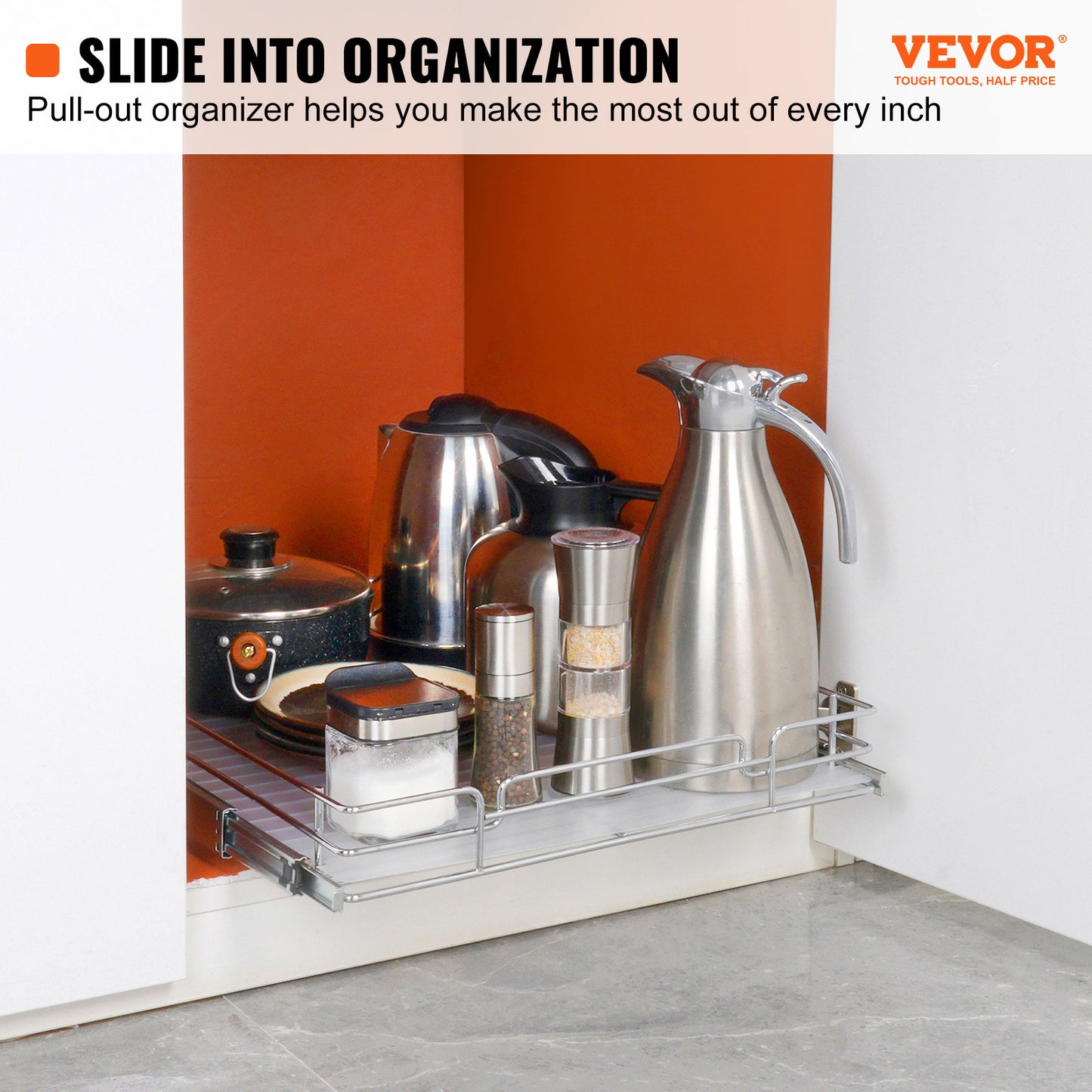 VEVOR 14W X 21D Pull Out Cabinet Organizer, Heavy Duty Slide Out Pantry Shelves, Chrome Plated Steel Roll Out Drawers, Sliding Drawer Storage For Home, Inside Kitchen Cabinet, Bathroom, Under Sink