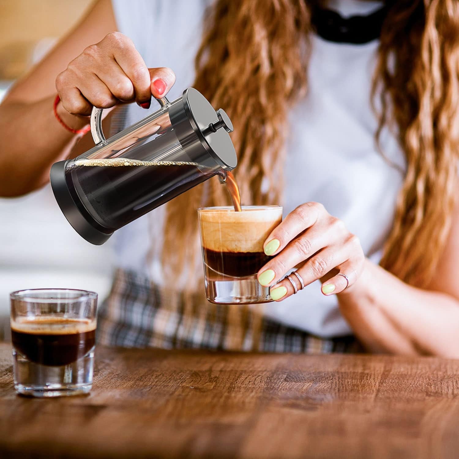 Glass French Press Coffee Maker with 4 Filter, 20Oz French Coffee Press with Glass Handle and Non-Slip Silicone Base Precise Scale, Easy to Clean, Durable Heat Resistant