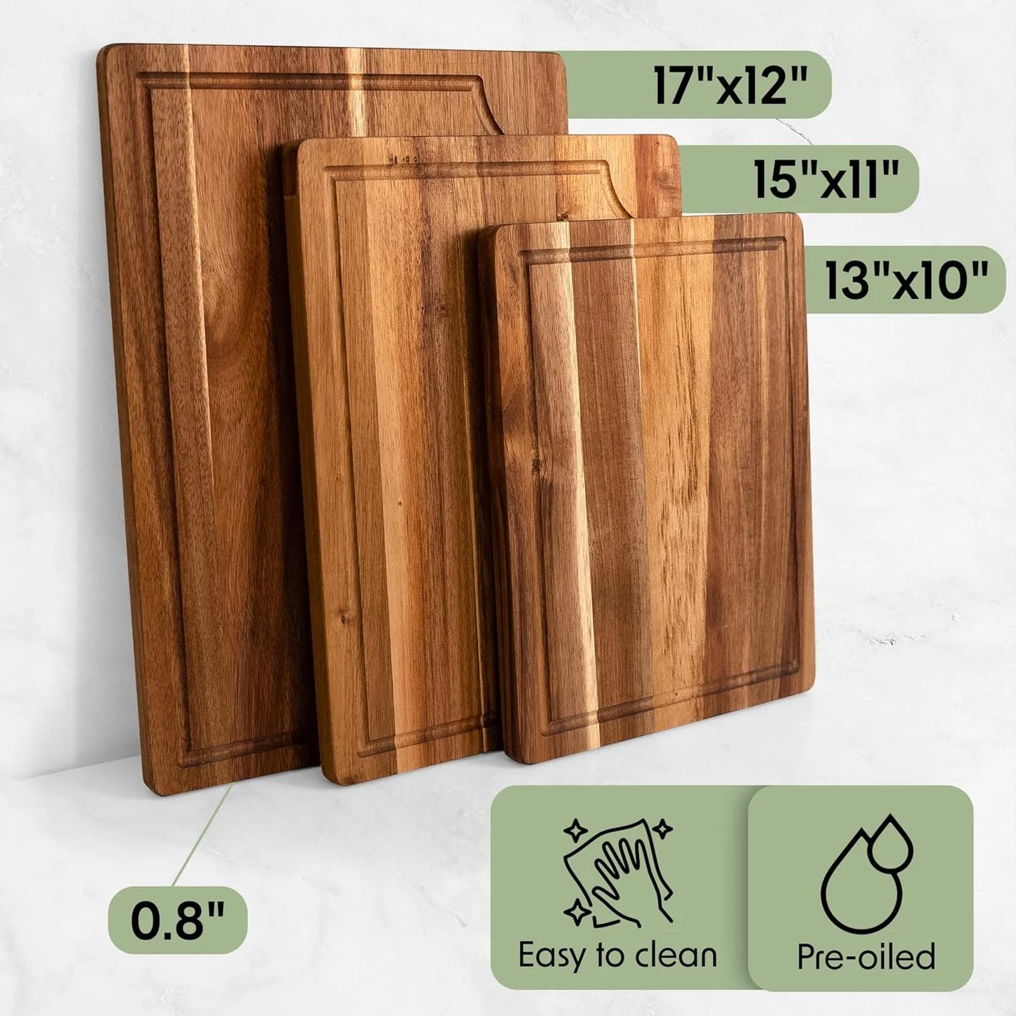 Acacia Wood Cutting Board Set of 3 | Non-Toxic Cutting Boards with Wooden Holder, Non-Slip Silicone Pads, Deep Juice Grooves & Handles | Ideal for Meat, Veggies & Charcuterie – Elegant Kitchen Gift